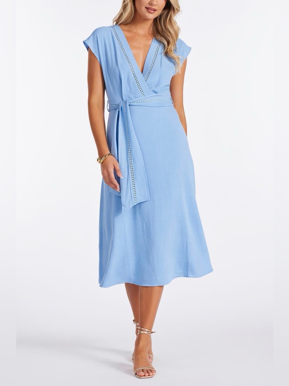 Bishop + Young Salerno Trim Detail Dress Blue Midi Wrap Tie S NWT